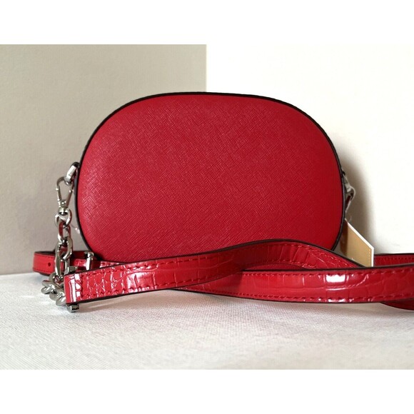 New Michael Kors Jet Set Glam Croc Small Oval Crossbody Bag Bright Red - Picture 3 of 5